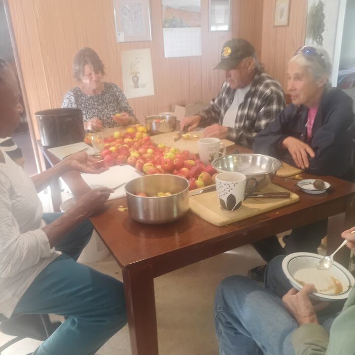 Members around the kitchen table sorting and cutting a harvest of tomatoes.